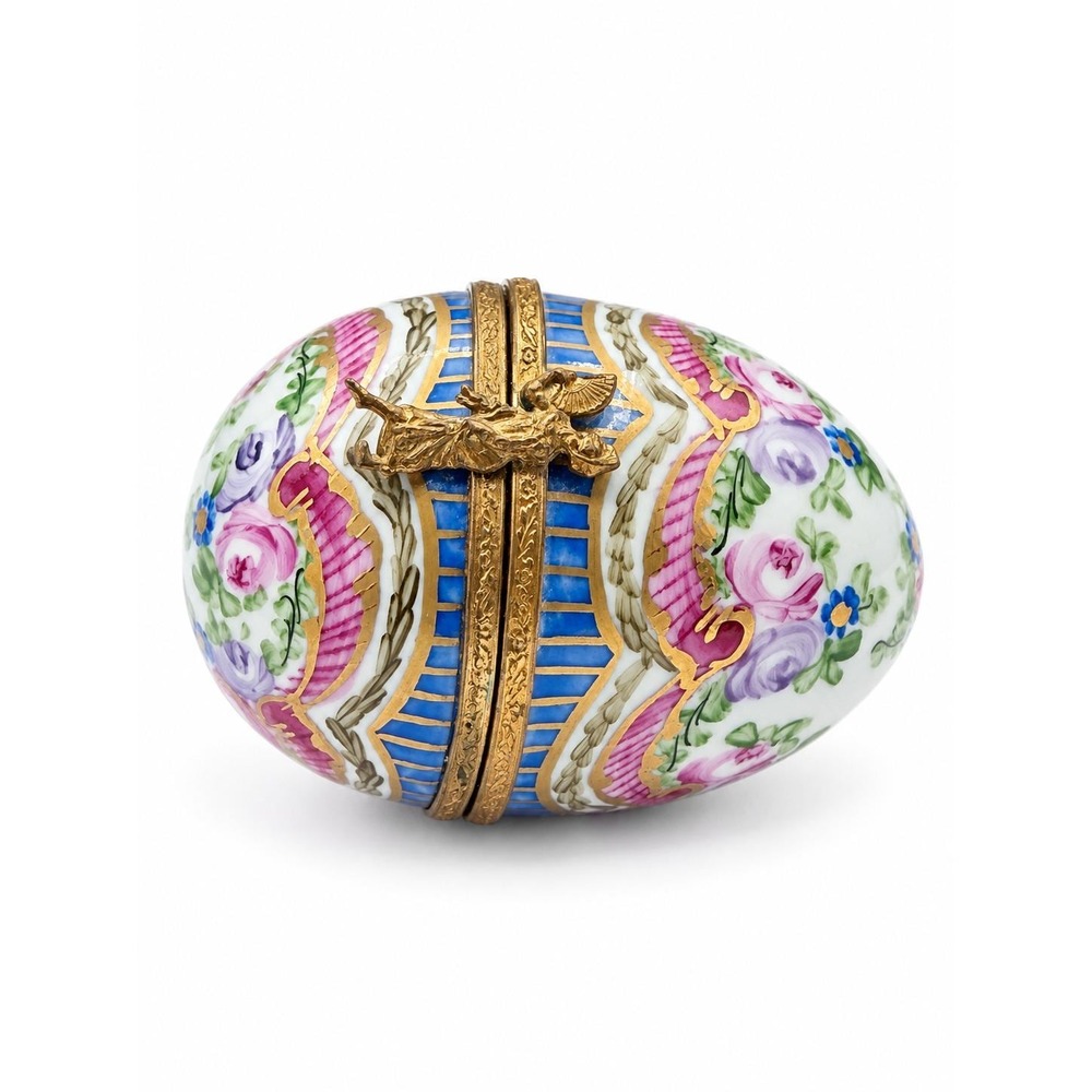 Limoges France Peint Main Porcelain Egg Trinket Box Hand Painted Floral Blue